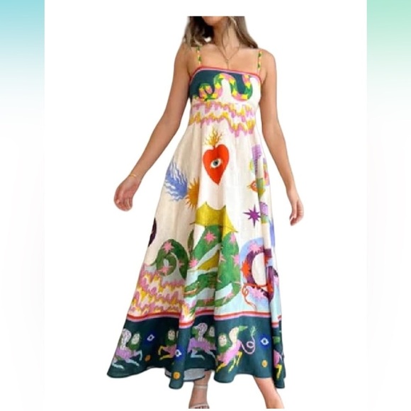 Whimsical Colorful Maxi Dress | Size Small | Linen Blend - Picture 2 of 5